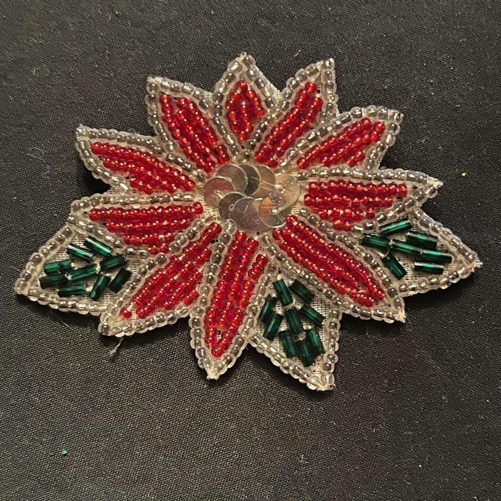 Handmade Christmas Poinsettia Brooch with Red and Green beads